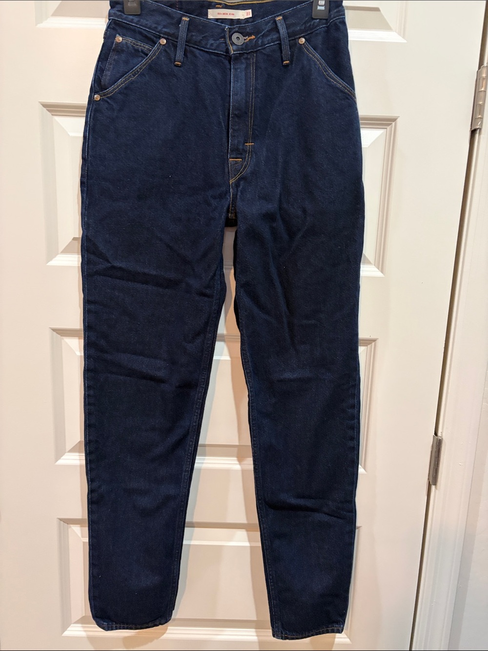 Levi's Dark Indigo Mom Jeans with Contrast Yellow Stitching 27 X 32